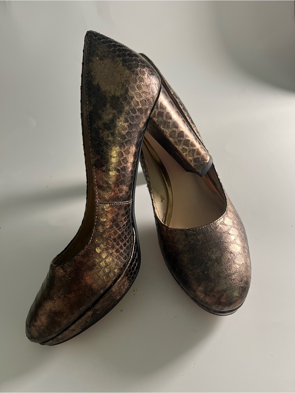 Clarks Metallic Bronze Snake-Effect Block Heel Pumps Size 8